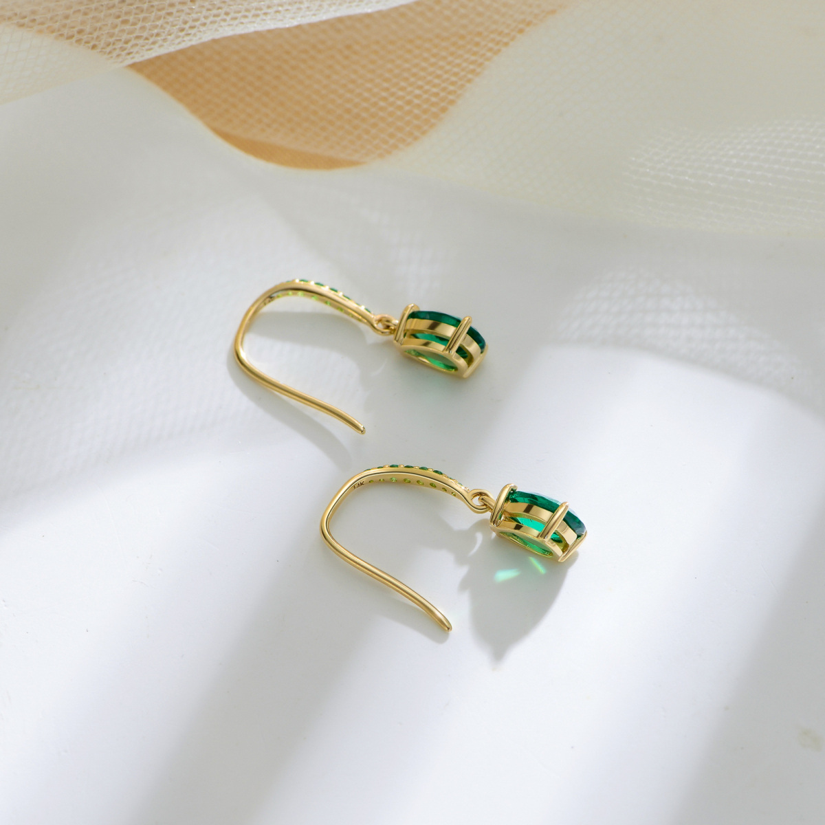 14K Gold Emerald Drop Shape Drop Earrings-4