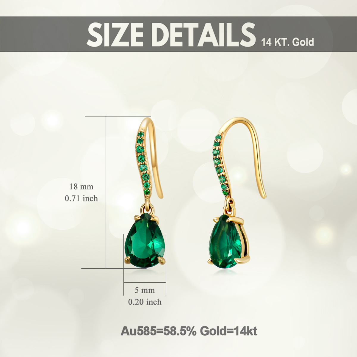 10K Gold Emerald Cubic Zirconia Drop Earrings For Women-5