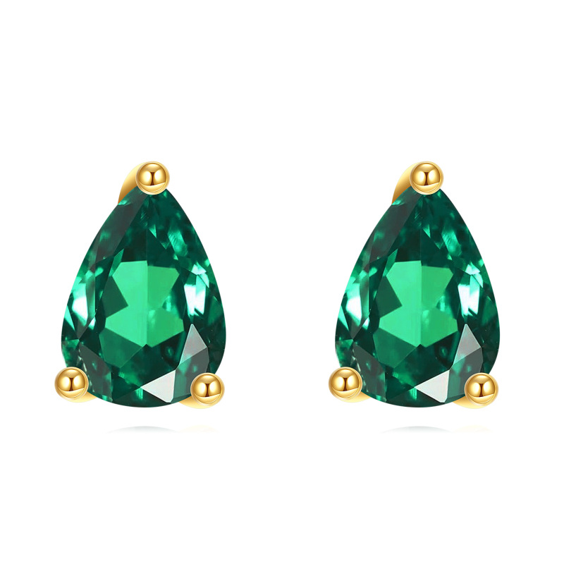 10K Gold Emerald Drop Shape Stud Earrings-5