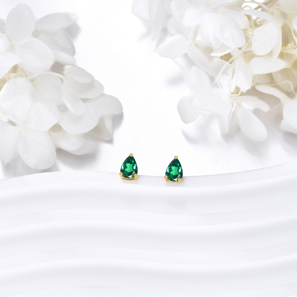 Aretes tipo botón con forma de gota de esmeralda en oro de 14 quilates-3
