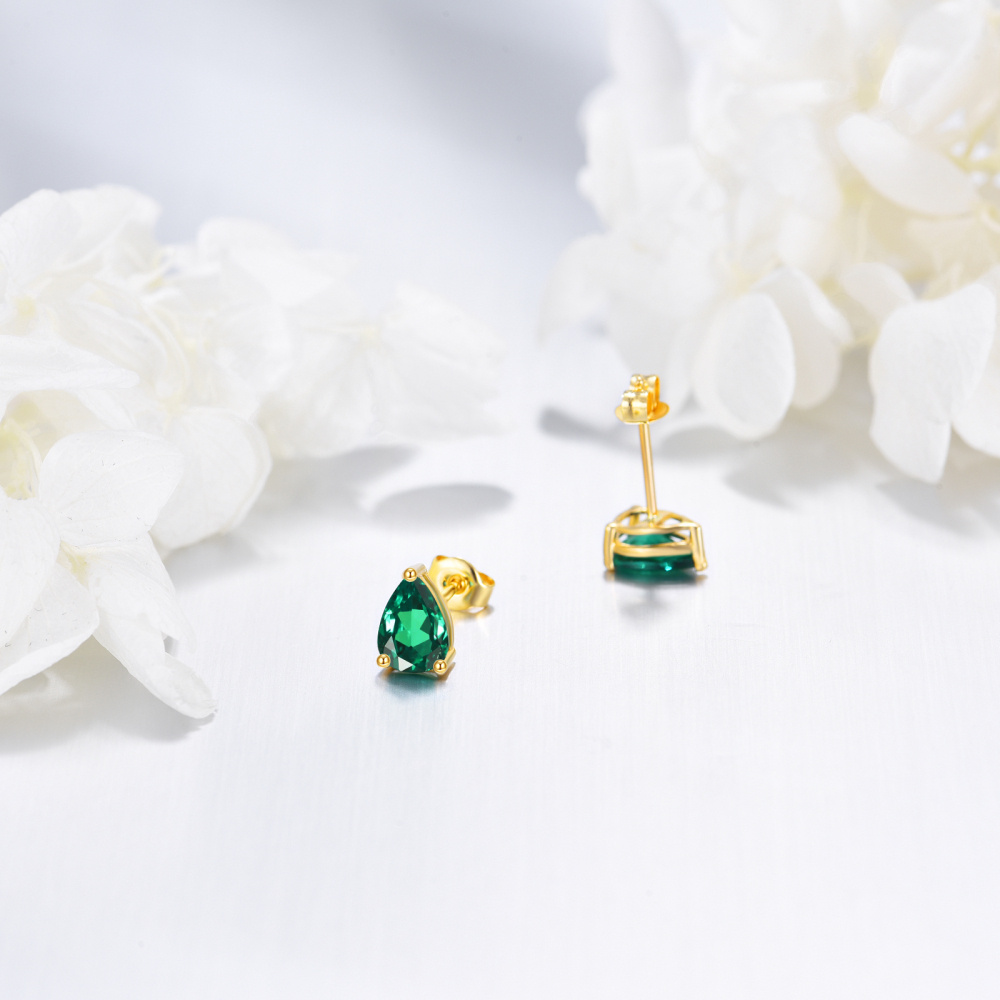Aretes tipo botón con forma de gota de esmeralda en oro de 14 quilates-4