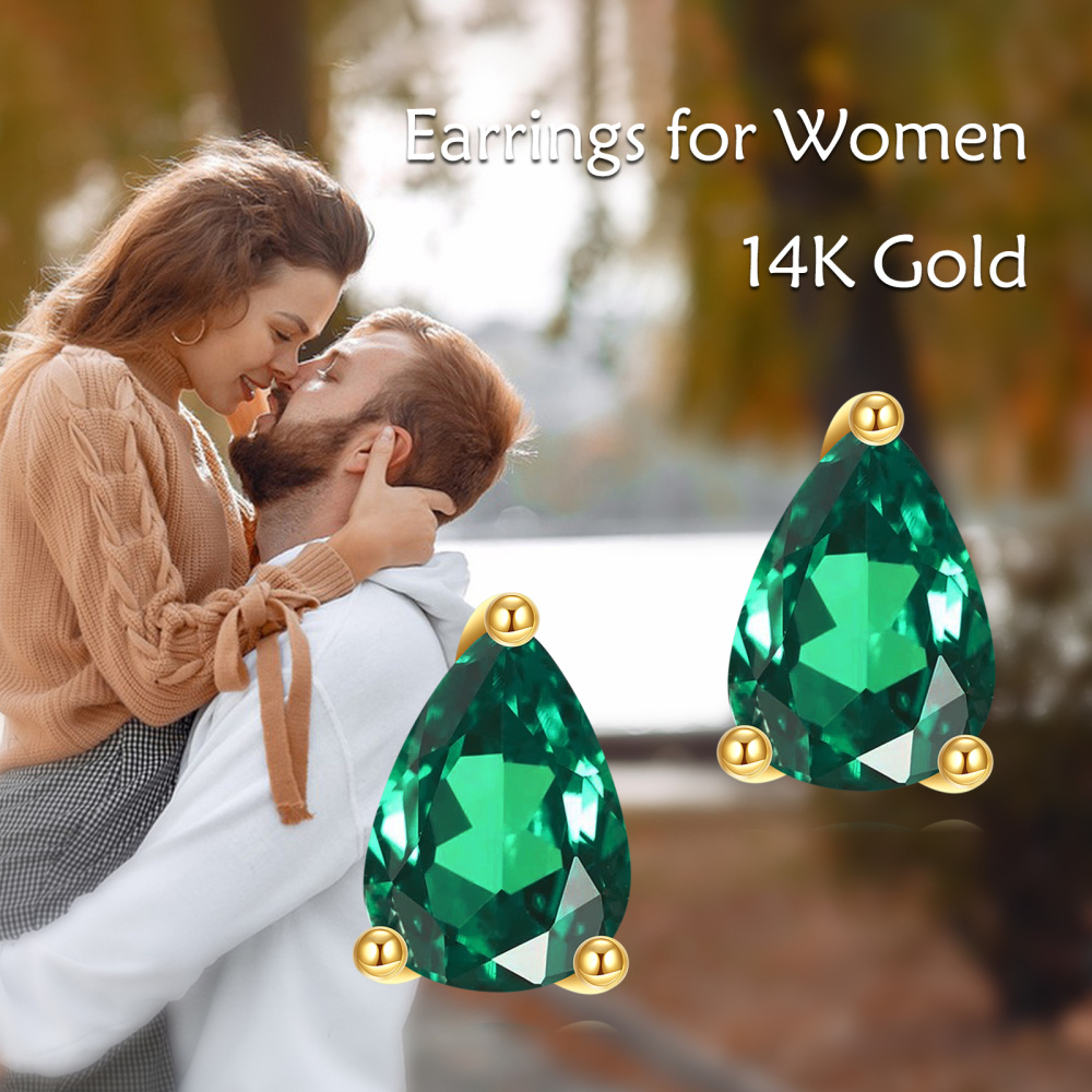 Aretes tipo botón con forma de gota de esmeralda en oro de 14 quilates-6