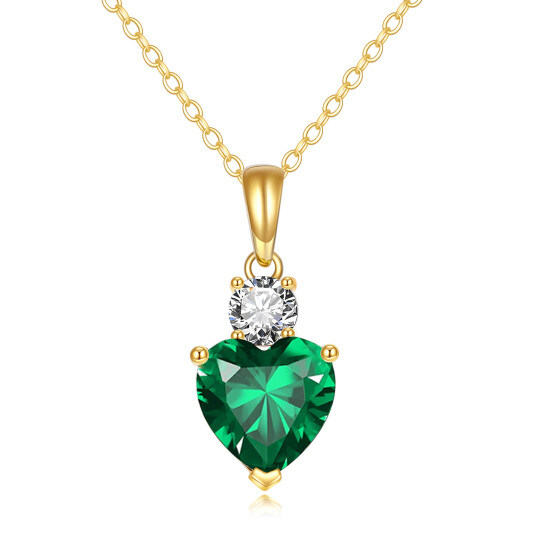 14K Gold Emerald Heart Pendant With Cubic Zirconia Necklace