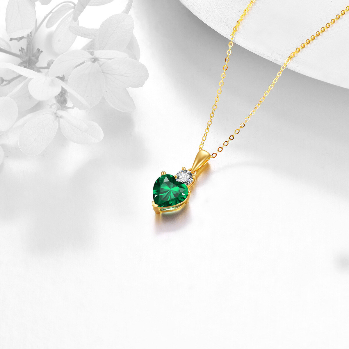 14K Gold Emerald Heart Pendant With Cubic Zirconia Necklace-4