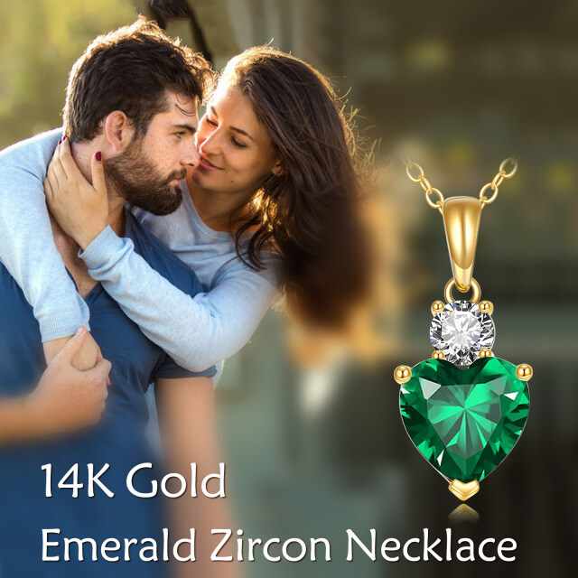 14K Gold Emerald Heart Pendant With Cubic Zirconia Necklace-5