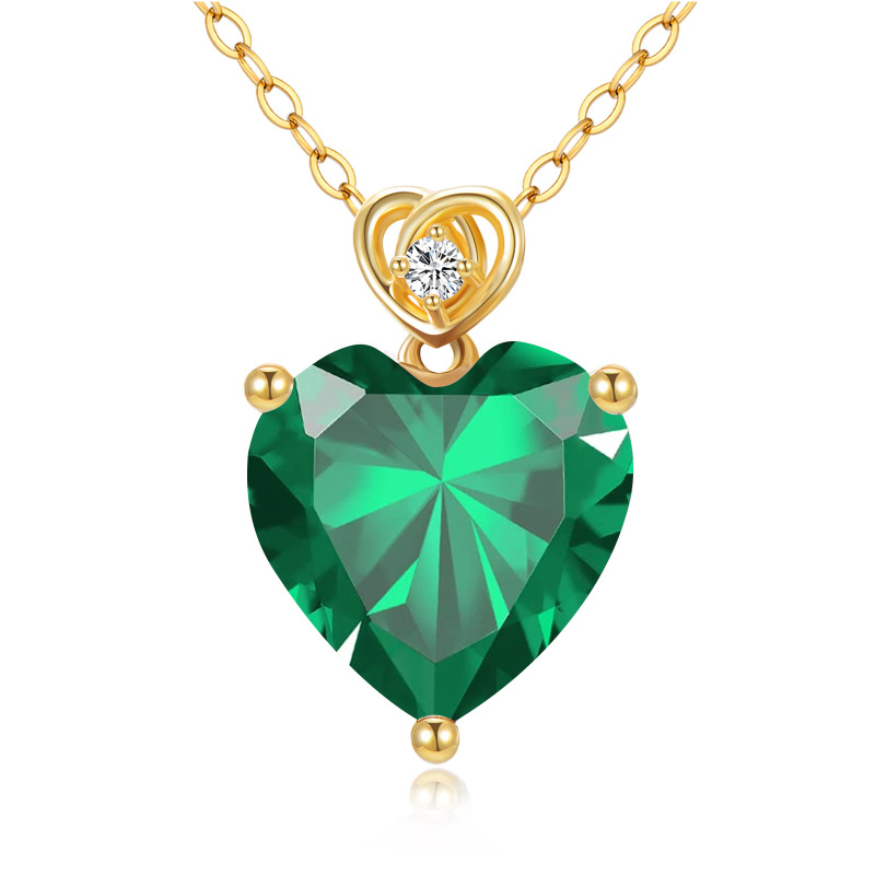 Colar com pingente de coração de esmeralda em ouro 10K-1