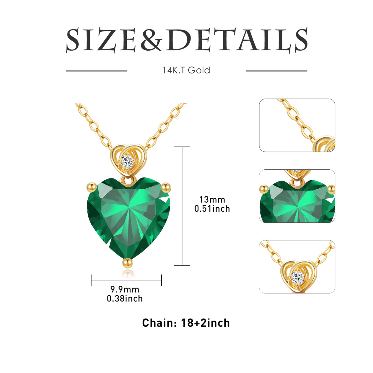 14K Gold Emerald Heart Pendant Necklace-5