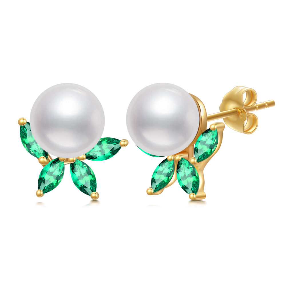 10K Gold Emerald Cubic Zirconia & Pearl Leaves Stud Earrings-1