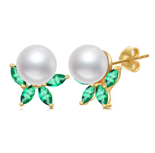 10K Gold Emerald Cubic Zirconia & Pearl Leaves Stud Earrings