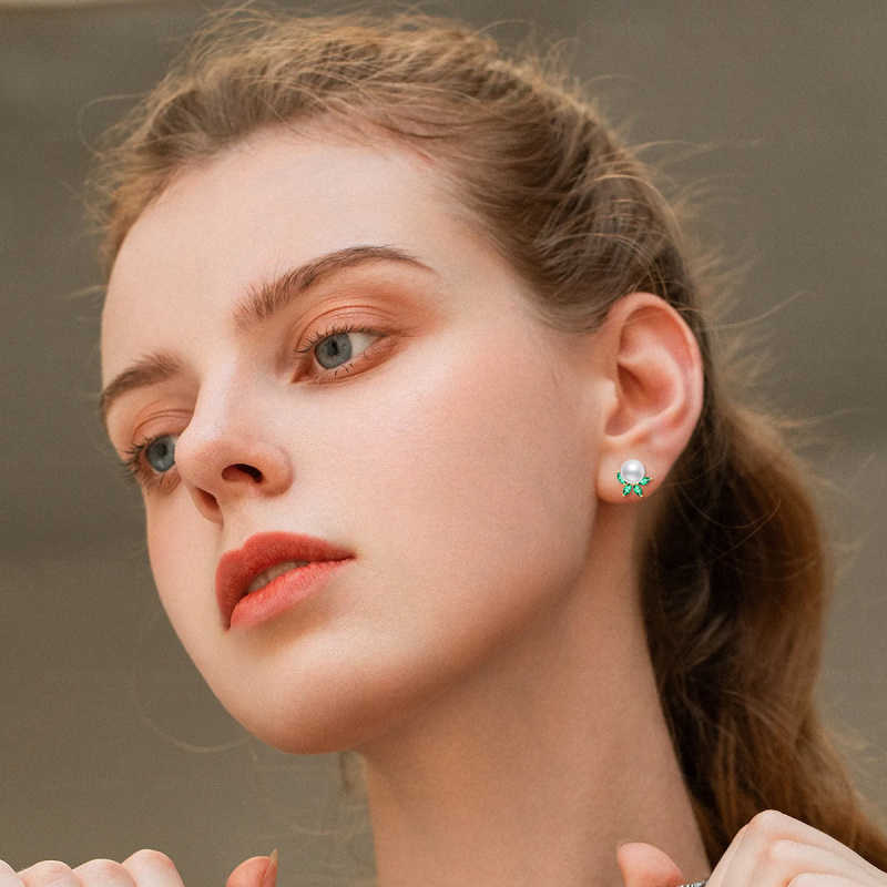 18Kローズゴールド キュービックジルコニア＆パールリーフ スタッドピアス-2