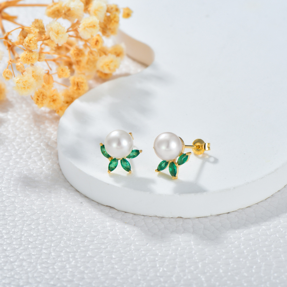 10K Gold Emerald Cubic Zirconia & Pearl Leaves Stud Earrings-3
