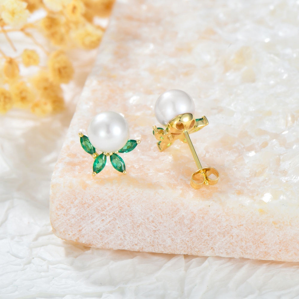 10K Gold Emerald Cubic Zirconia & Pearl Leaves Stud Earrings-4