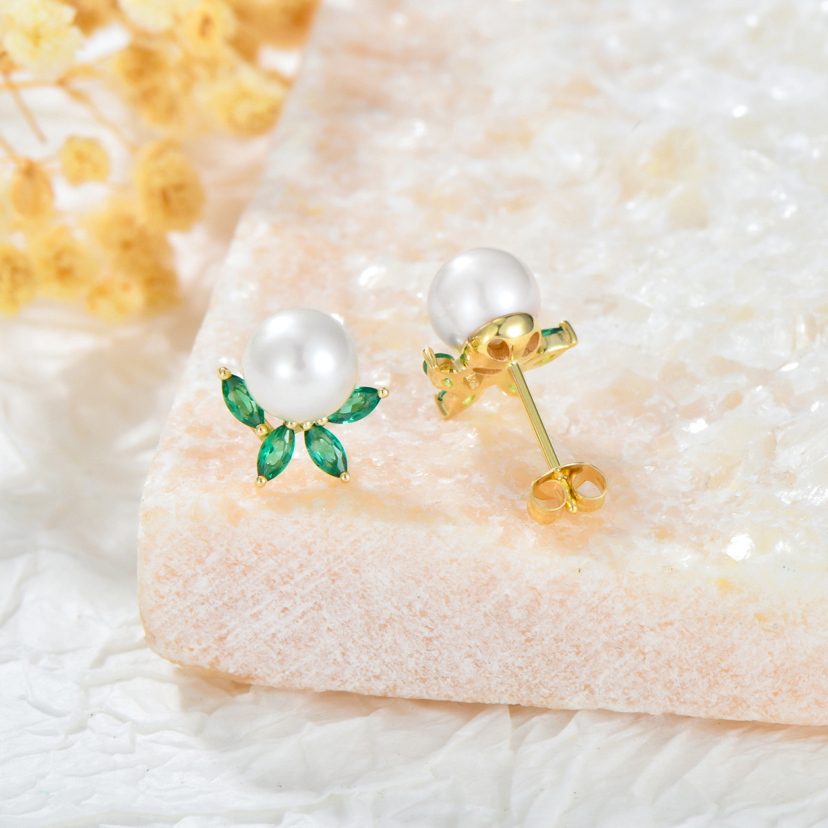 14K Gold Emerald Cubic Zirconia & Pearl Leaves Stud Earrings-4