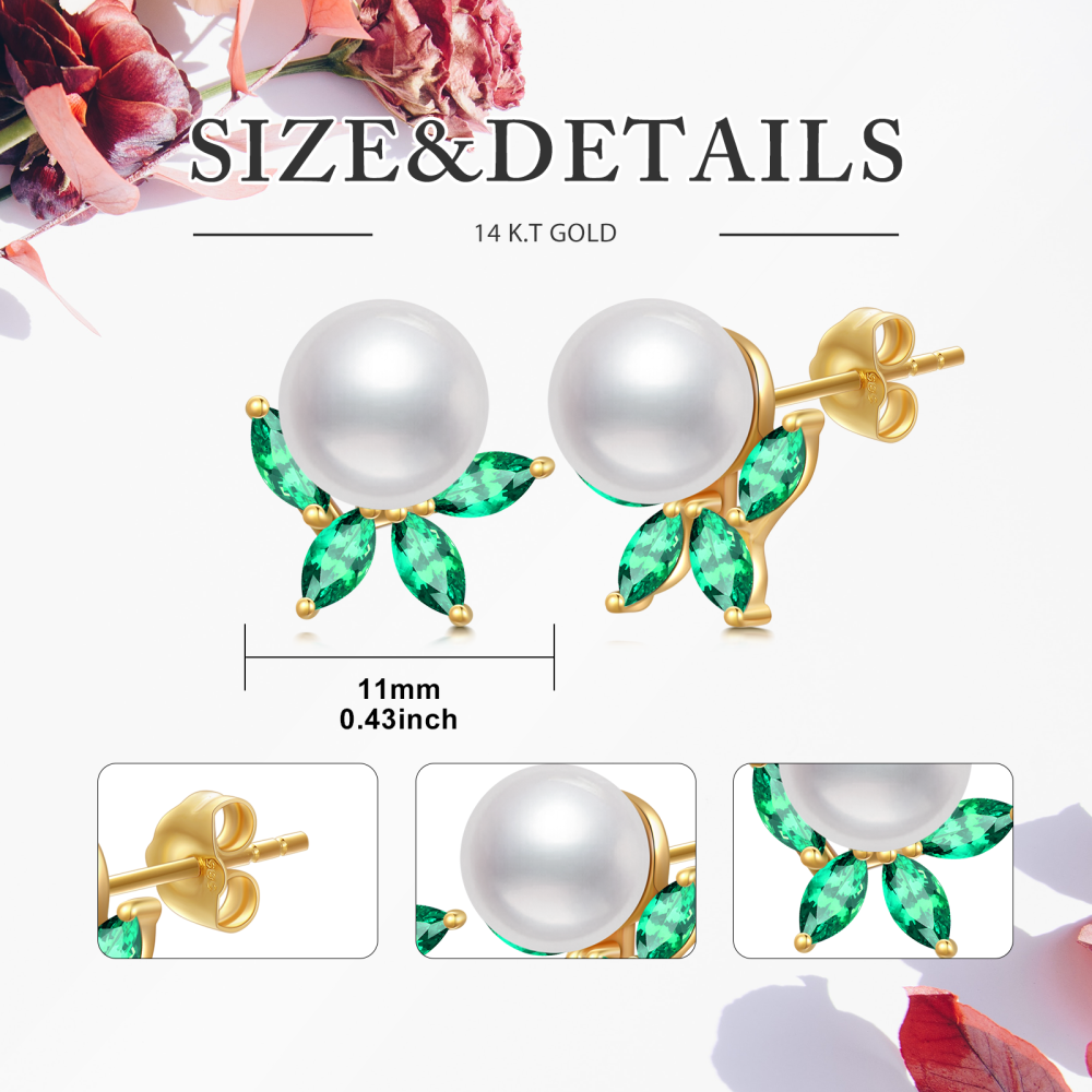 10K Gold Emerald Cubic Zirconia & Pearl Leaves Stud Earrings-5