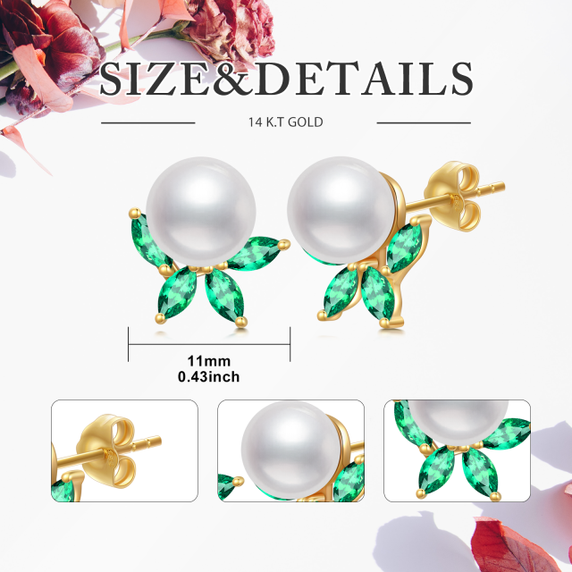 14K Gold Emerald Cubic Zirconia & Pearl Leaves Stud Earrings-5