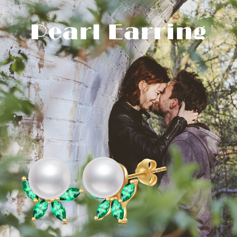 10K Gold Emerald Cubic Zirconia & Pearl Leaves Stud Earrings-6