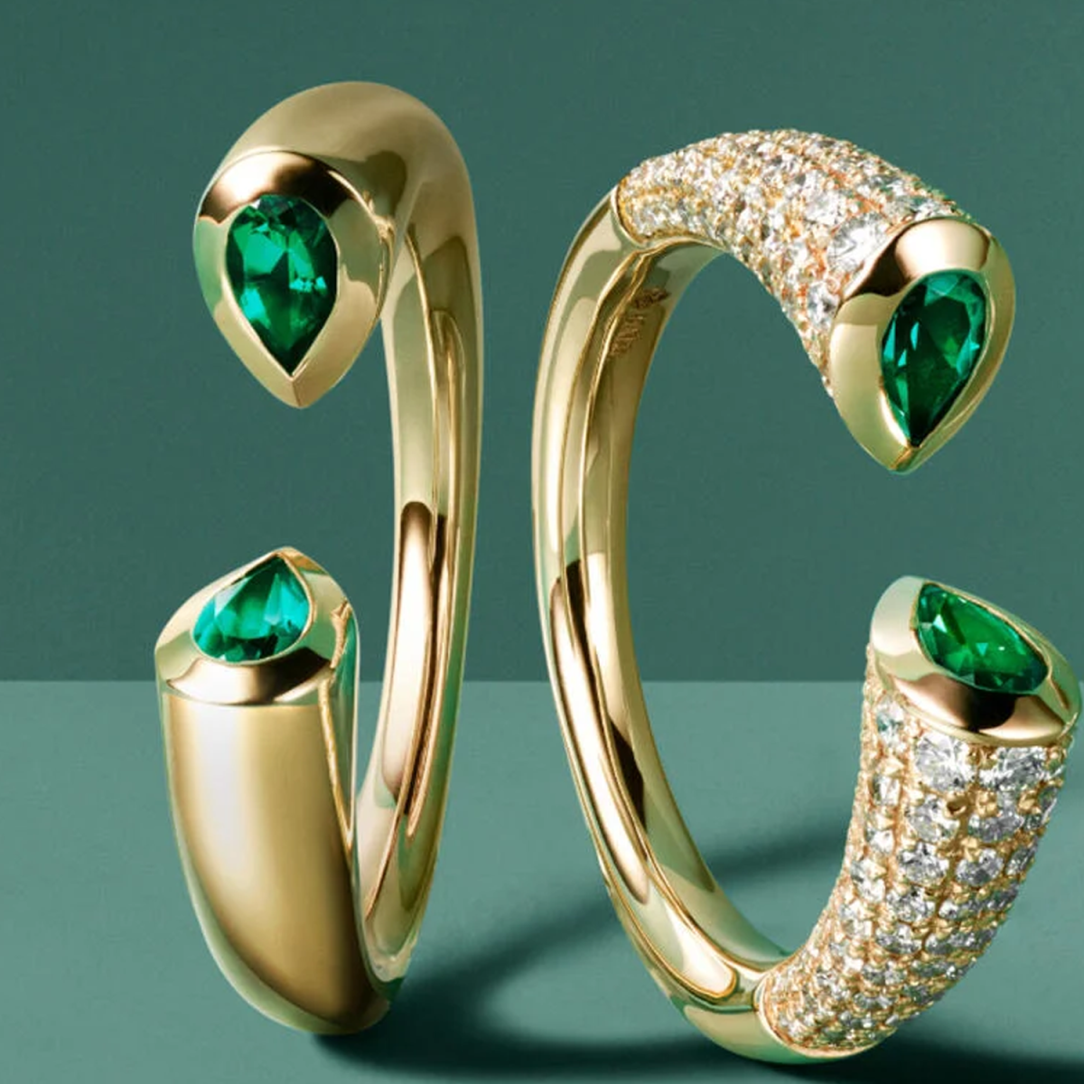 18K Gold Emerald Personalized Engraving & Couple Open Ring-3