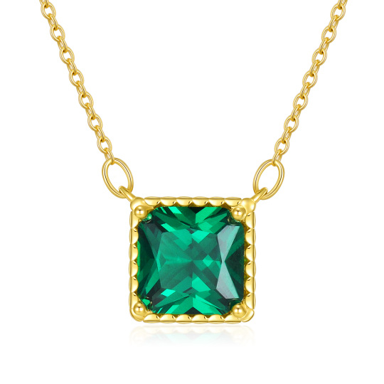 14K Gold Emerald Cubic Zirconia Square Pendant Necklace