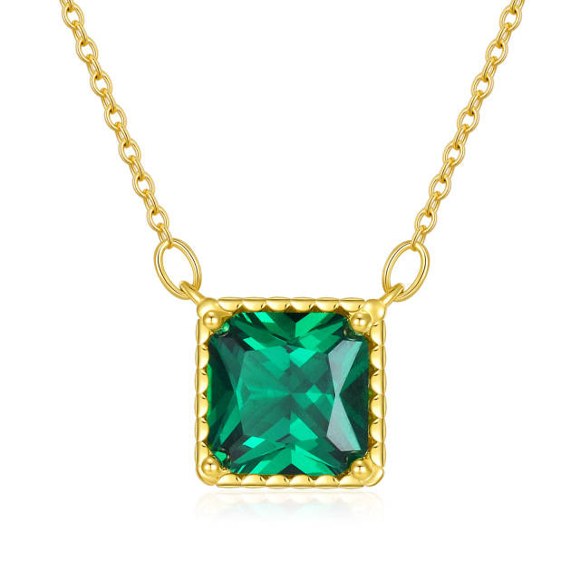 14K Gold Emerald Cubic Zirconia Square Pendant Necklace-1