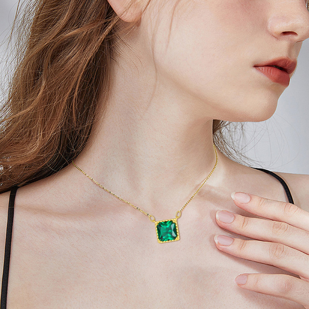 10K Gold Emerald Cubic Zirconia Square Pendant Necklace-2