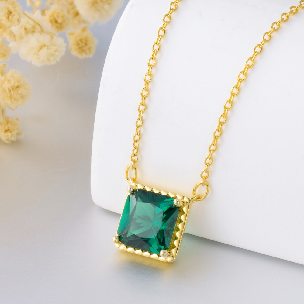 10K Gold Emerald Cubic Zirconia Square Pendant Necklace-3