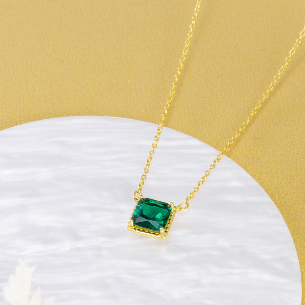 10K Gold Emerald Cubic Zirconia Square Pendant Necklace-4