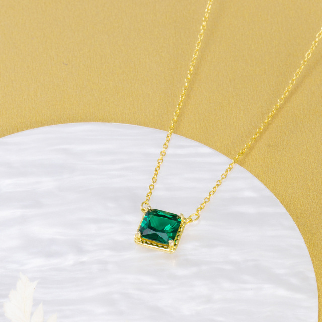 14K Gold Emerald Cubic Zirconia Square Pendant Necklace-4