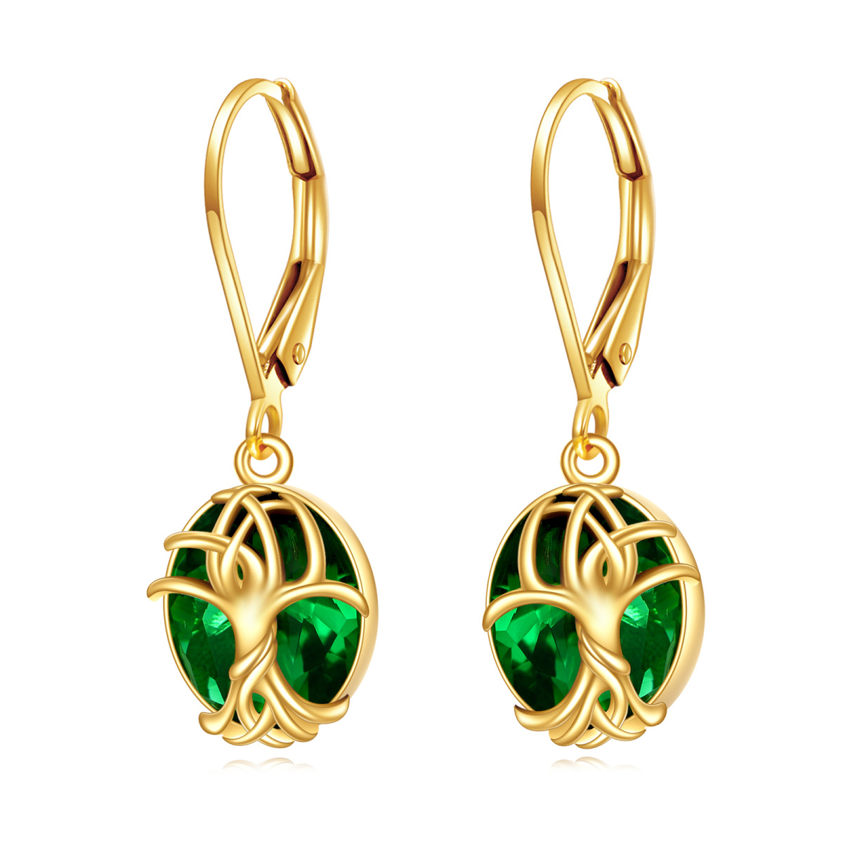 10K Gold Emerald Tree Of Life Drop Earrings-1