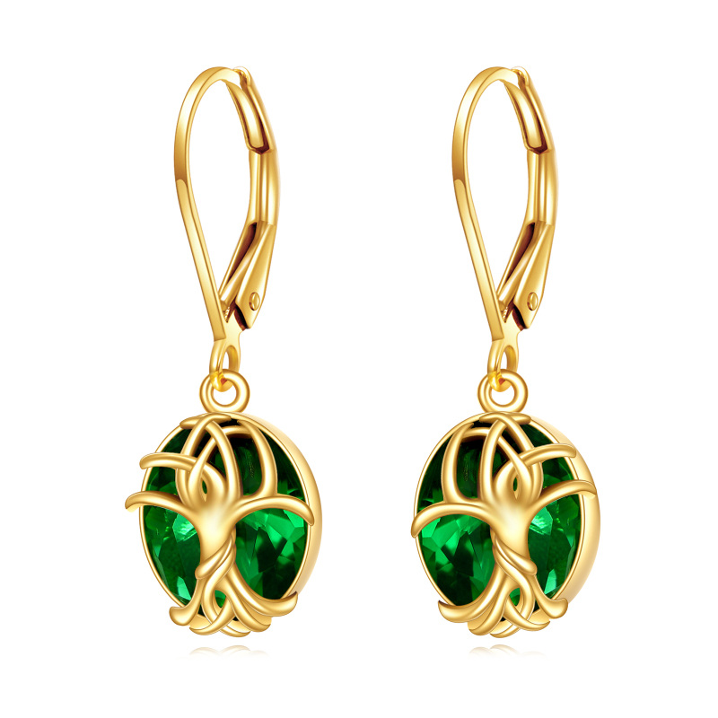 10K Gold Emerald Tree Of Life Drop Earrings-9