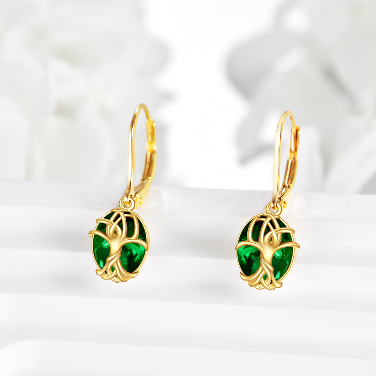 10K Gold Emerald Tree Of Life Drop Earrings-4