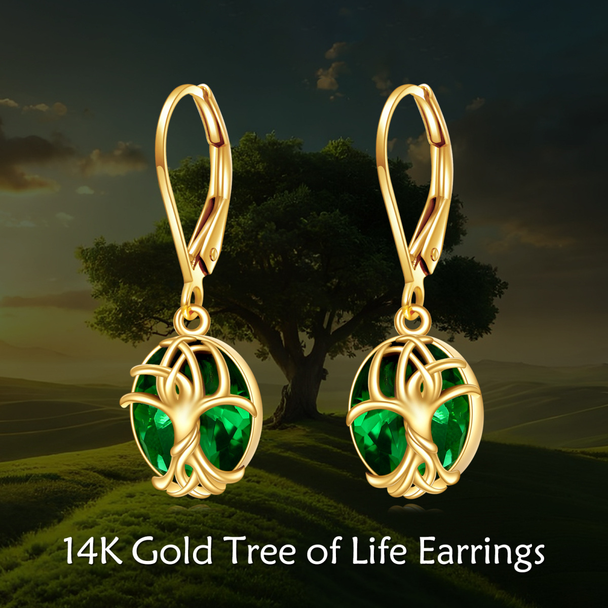 10K Gold Emerald Tree Of Life Drop Earrings-5