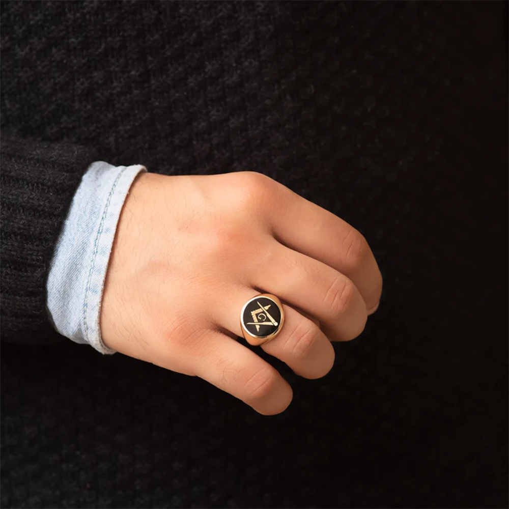 Sterling Silver with Yellow Gold Plated Enamel Freemason Signet Ring for Men-3
