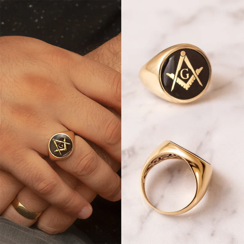 Sterling Silver with Yellow Gold Plated Enamel Freemason Signet Ring for Men-7