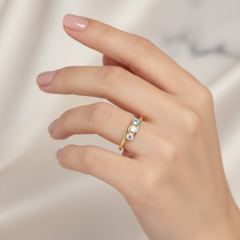 10K White Gold Round Cut Personalized Birthstone & Engravable Birthstone Ring-2