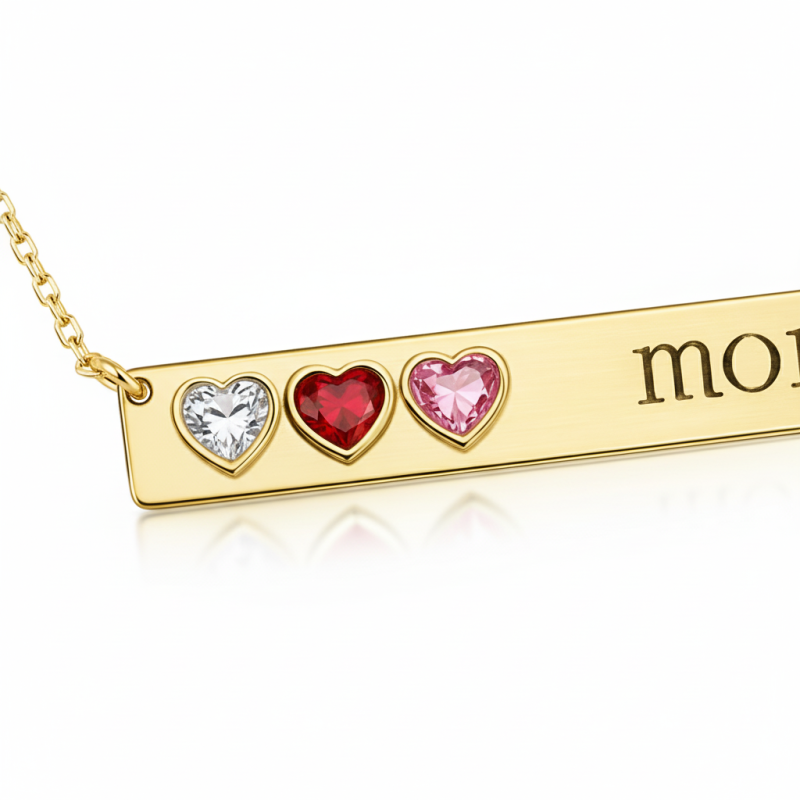 Collier en or blanc 10 carats avec zircon cubique, pierre de naissance personnalisée et barre gravable-4