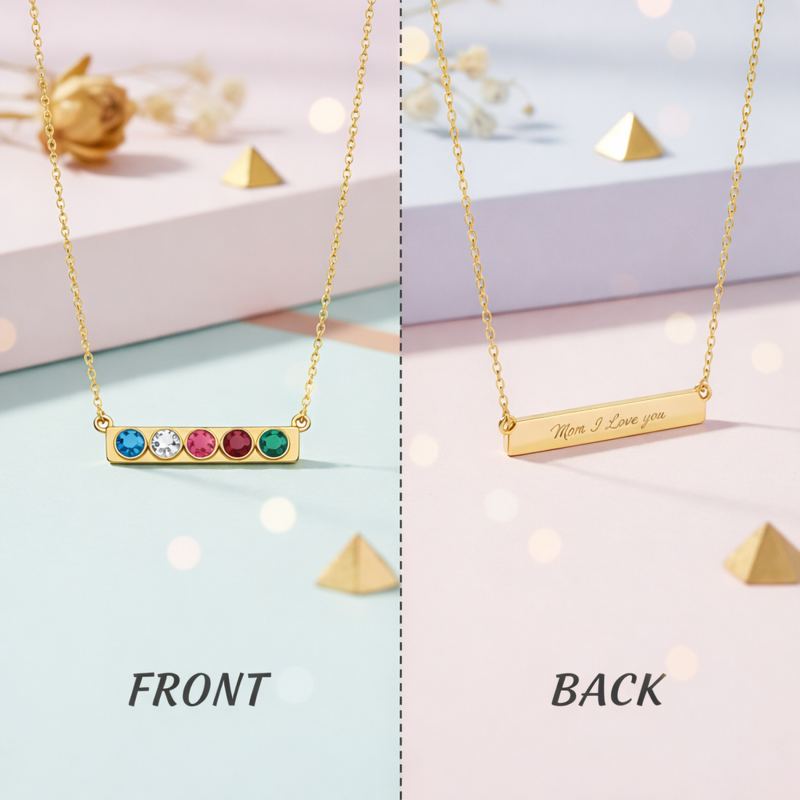 Collier en or blanc 10 carats avec zircon cubique, pierre de naissance personnalisée et barre gravable-3