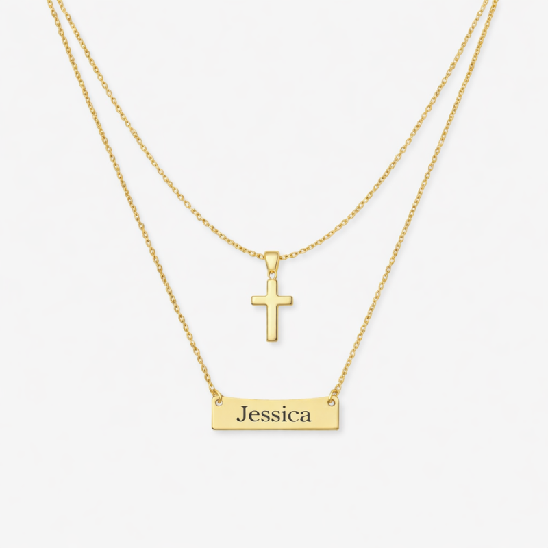 Collar de capas con cruz y grabado en oro blanco de 10 quilates-4