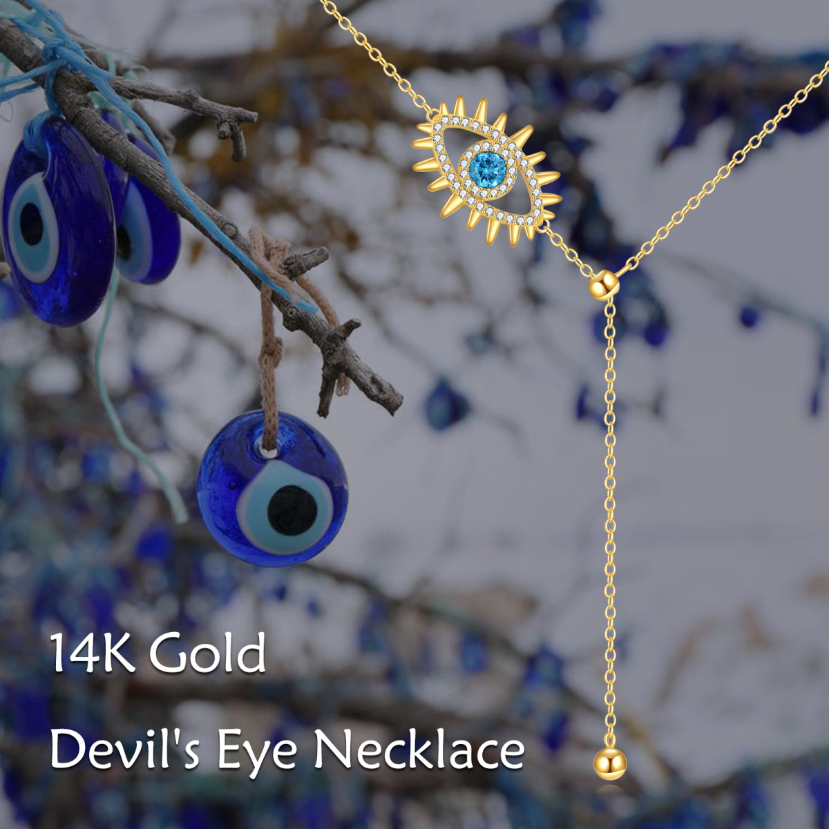 14K Gold Cubic Zirconia Evil Eye Adjustable Y Necklace-6