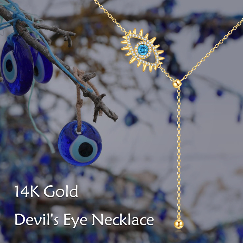 10K Gold Cubic Zirconia Evil Eye Adjustable Y Necklace-6