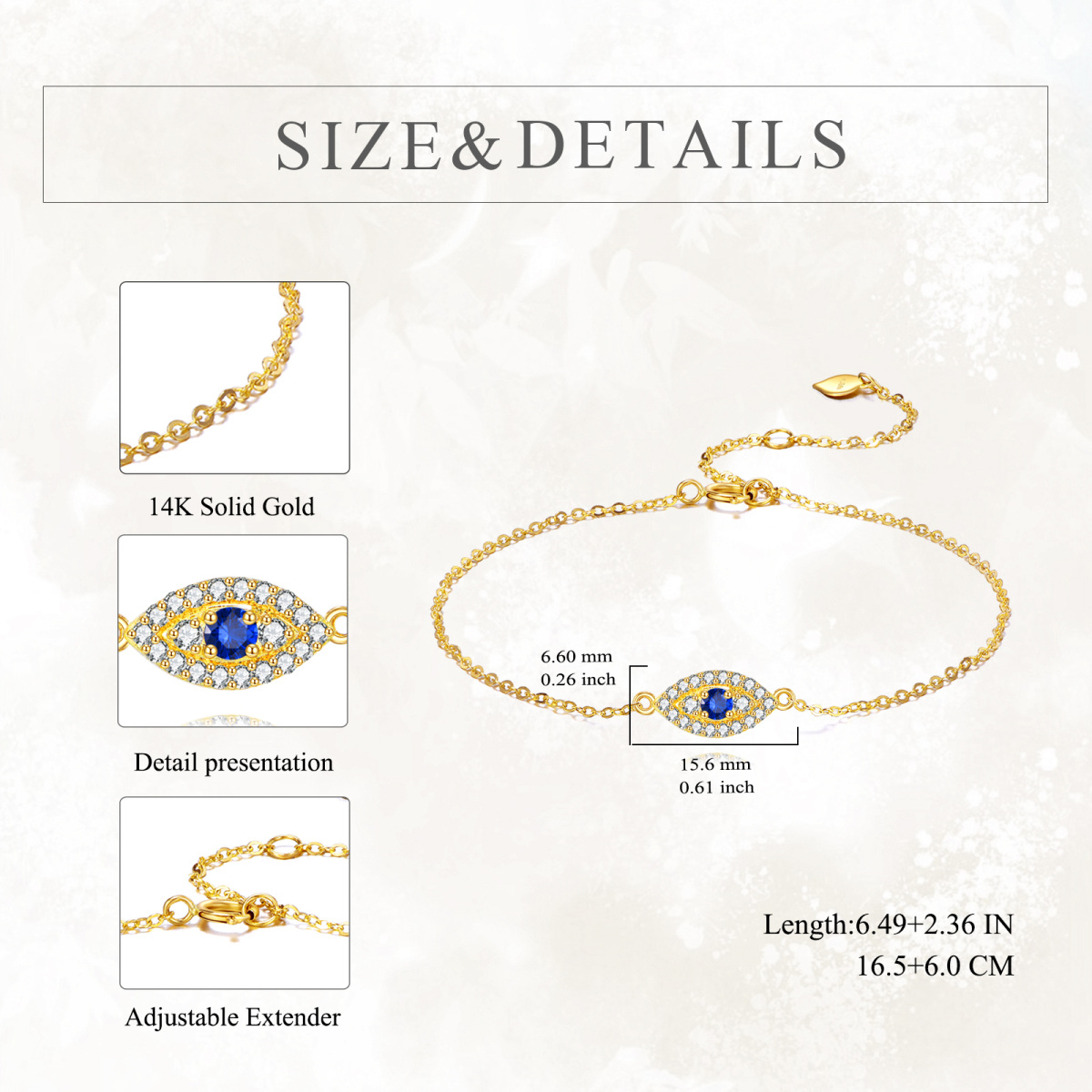 10K Gold Cubic Zirconia Evil Eye Charm Bracelet-5