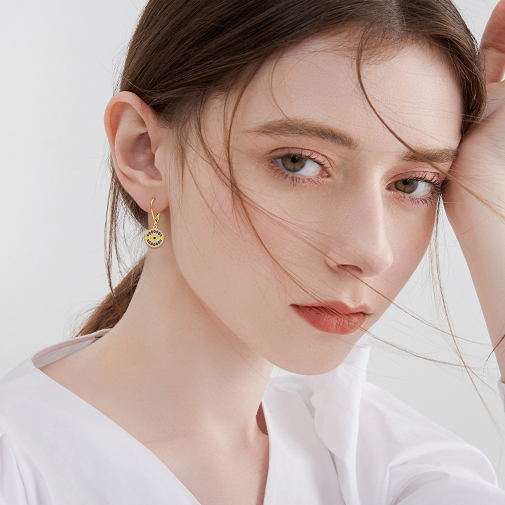 Boucles d'oreilles pendantes en or 14 carats avec zircone cubique et mauvais œil-2