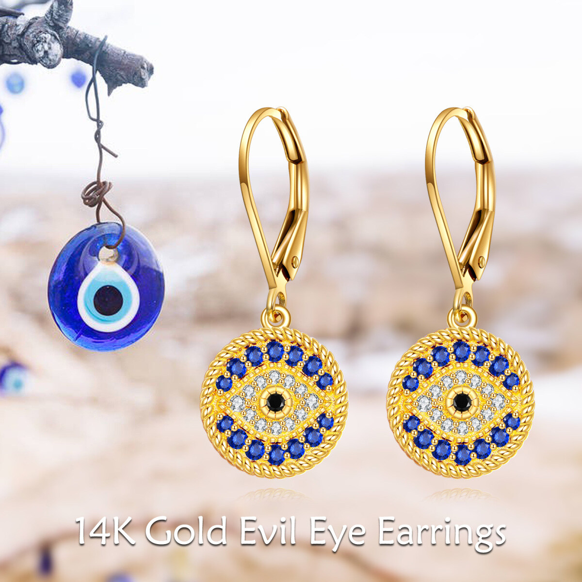 10K Gold Cubic Zirconia Evil Eye Drop Earrings-5