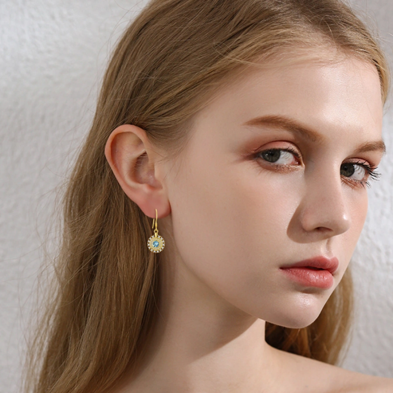 Sterling Silver with Yellow Gold Plated Cubic Zirconia Evil Eye Drop Earrings-2