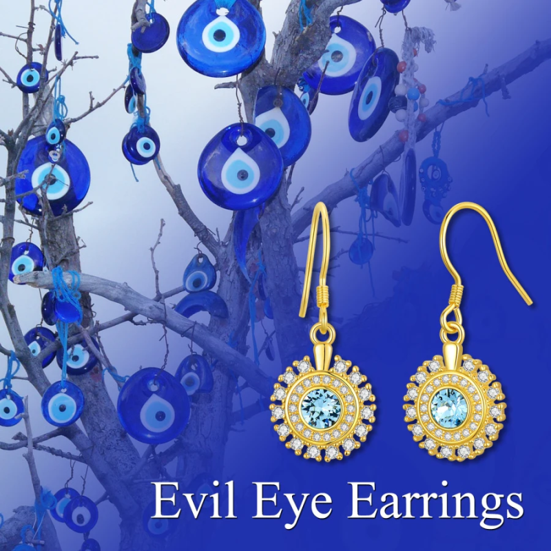Sterling Silver with Yellow Gold Plated Cubic Zirconia Evil Eye Drop Earrings-5