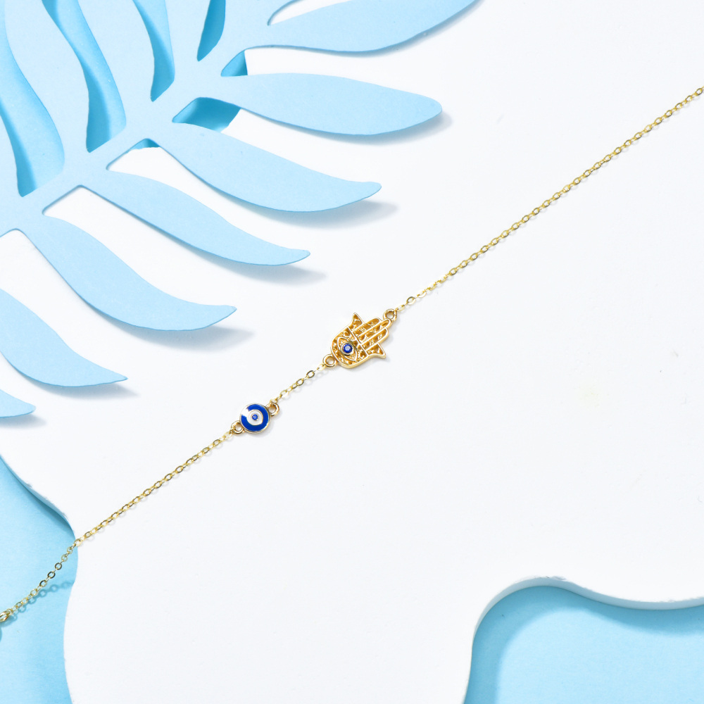 Pulsera con dije de mano de Fátima con circonita cúbica en oro de 14 quilates-4