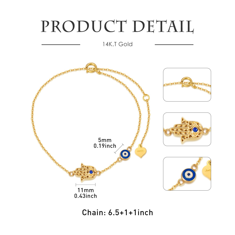 Pulsera con dije de mano de Fátima con circonita cúbica en oro de 14 quilates-5