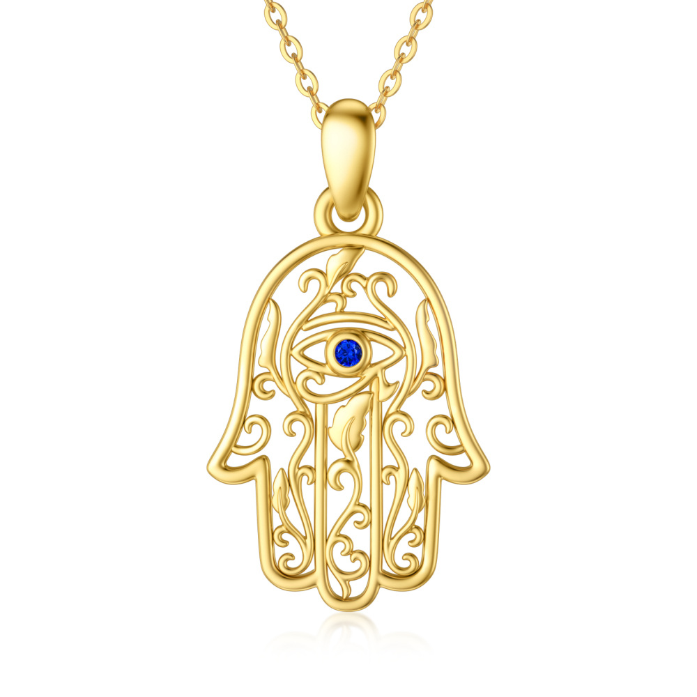 10K Gold Cubic Zirconia Evil Eye Hamsa Hand & Ivy Pendant Necklace-1