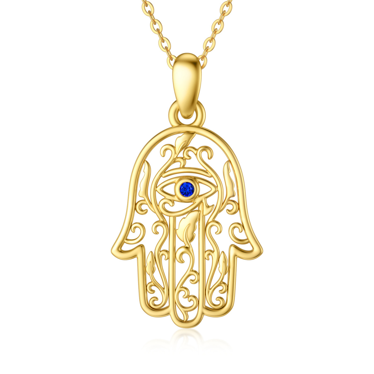 Colar com pingente de olho do mal Hamsa. mão e hera em ouro cubico 14K-1