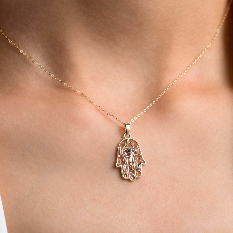 10K Gold Cubic Zirconia Evil Eye Hamsa Hand & Ivy Pendant Necklace-3