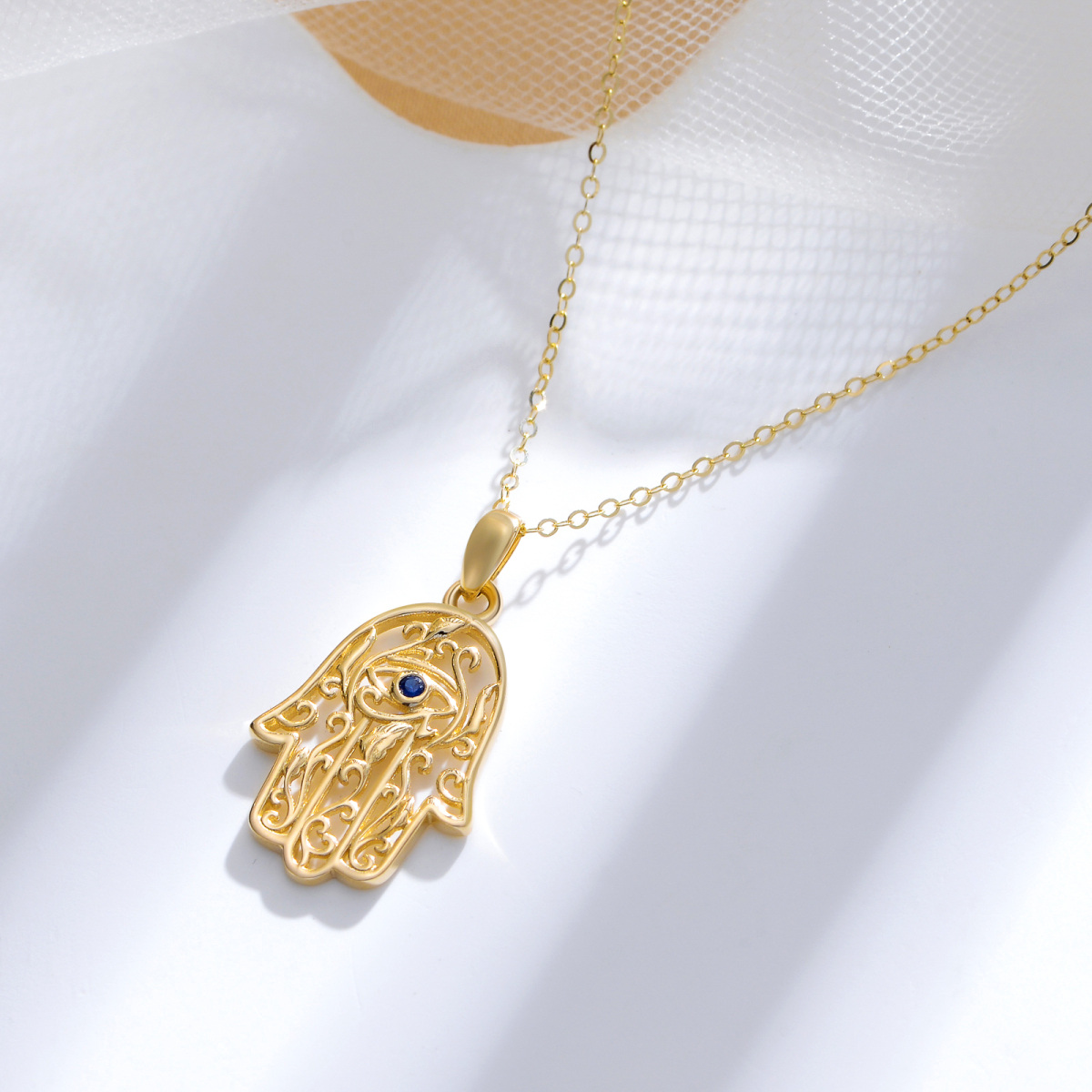 Colar com pingente de olho do mal Hamsa. mão e hera em ouro cubico 14K-4